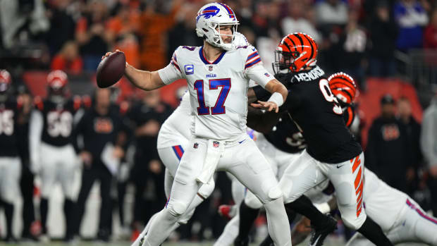 Jan 2, 2023; Cincinnati, Ohio, USA; Buffalo Bills quarterback Josh Allen (17) throws in the first quarter against the Cincinnati Bengals at Paycor Stadium. Mandatory Credit: Kareem Elgazzar-USA TODAY Sports